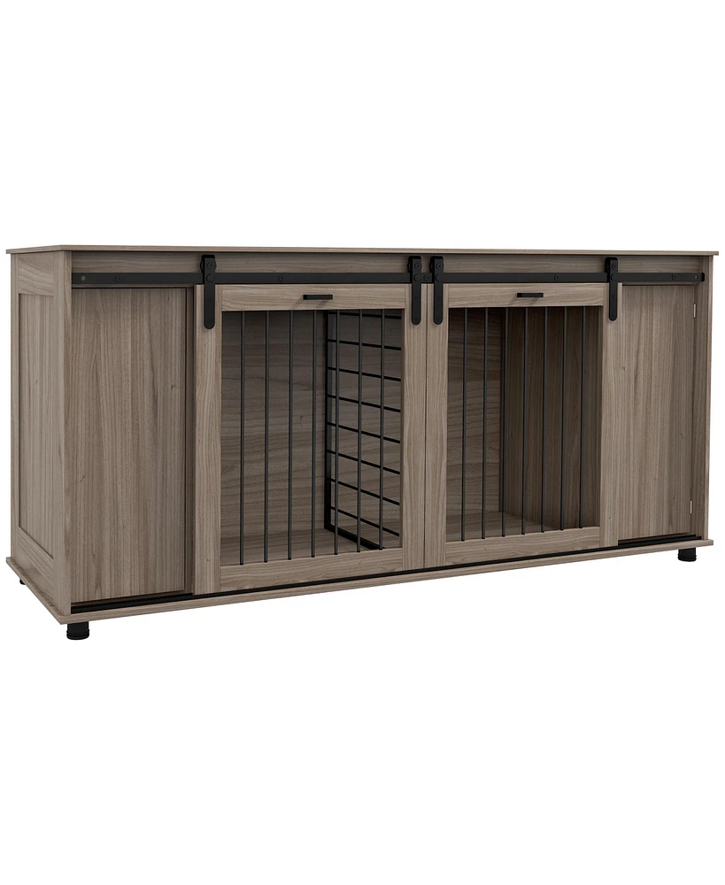 PawHut 71" Dog Crate Furniture with Removable Divider, Storage, Walnut