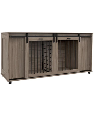 PawHut 71" Dog Crate Furniture with Removable Divider, Storage, Walnut