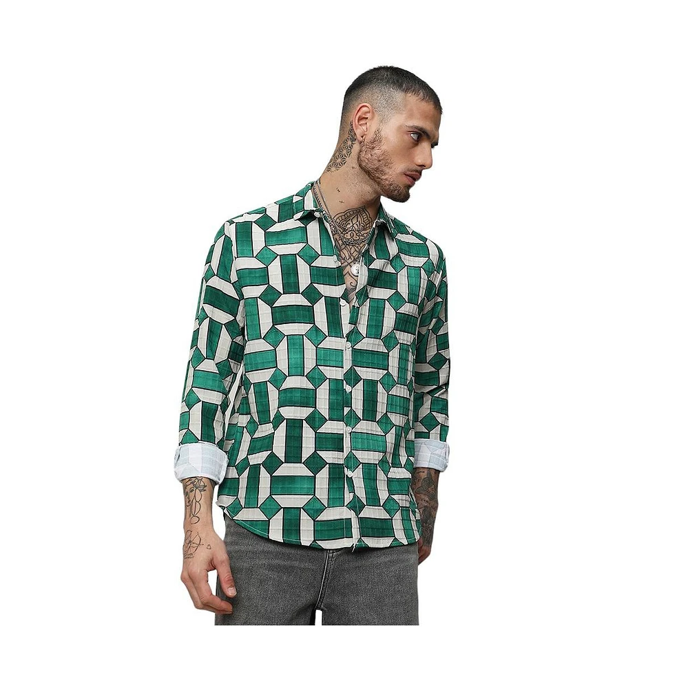 Campus Sutra Men's Emerald Green & Ivory White Contrast Block Shirt