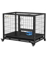 PawHut 36" Dog Crate with Bowl Holder, Wheels for Med/Large Dogs, Black