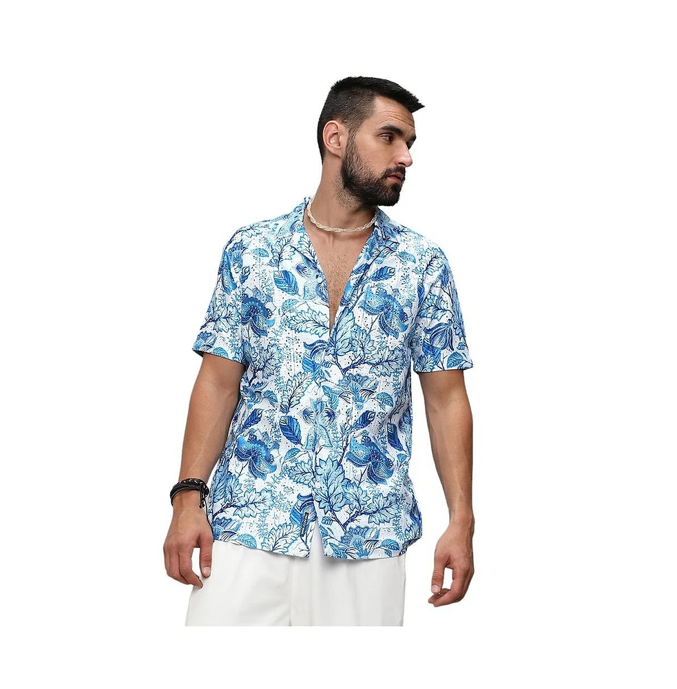 Campus Sutra Men's Chalk White:Indigo Blue Mesh Foliage Shirt