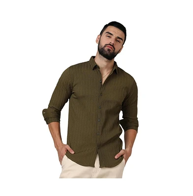 Campus Sutra Men's Olive Green Self-Design Striped Shirt