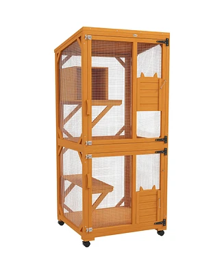 PawHut Large Cat House for 1-3 Cats on Wheels Wooden Catio Enclosure Orange