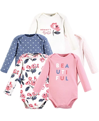 Touched by Nature Baby Girls Cotton Long-Sleeve Bodysuits, Bubblegum Floral, Preemie