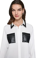 Karl Lagerfeld Paris Women's Faux-Leather-Trim Button-Front Top