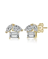 Genevive Sterling Silver 14k Gold Plated Marquise & Green Cut Triple Stone Stud Earrings