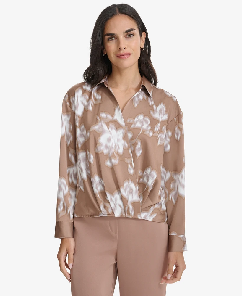 Calvin Klein Women's Printed Faux-Wrap Collared Top