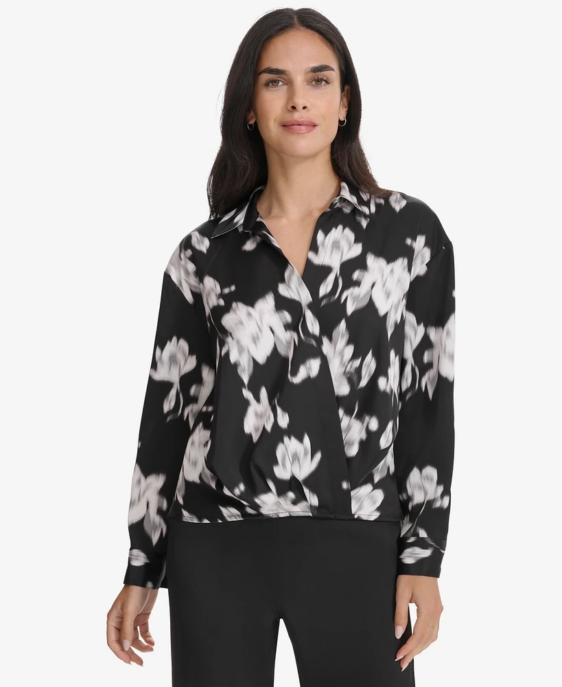 Calvin Klein Women's Printed Faux-Wrap Collared Top