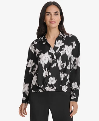 Calvin Klein Women's Printed Faux-Wrap Collared Top