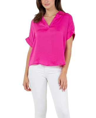 Fever Women's Solid Textured Satin-like Top with Collar