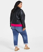 I.N.C. International Concepts Plus Size Faux Leather Moto Jacket Lace Trim V Neck Top Rolled Cuff Jeans Created For Macys