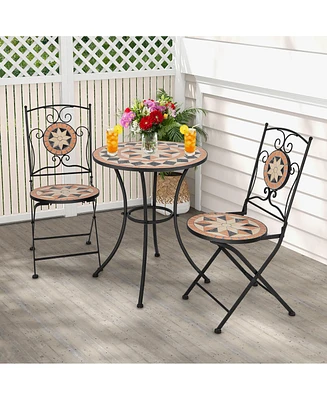 Gymax 3 Pcs Outdoor Bistro Set Patio Conversation Furniture Set w/ 1 Round Mosaic Coffee Table