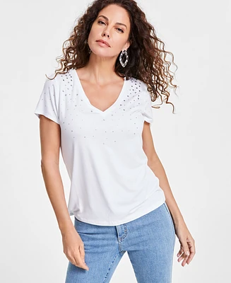 I.n.c. International Concepts Women's Raining-Crystal V-Neck Tee, Created for Macy's