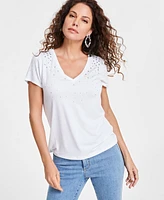 I.n.c. International Concepts Women's Raining-Crystal V-Neck Tee, Created for Macy's