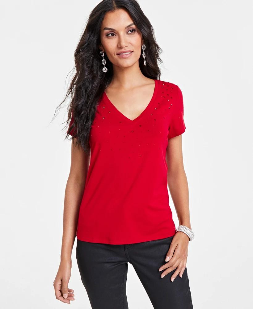 I.n.c. International Concepts Women's Raining-Crystal V-Neck Tee, Created for Macy's