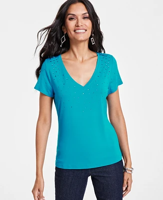 I.n.c. International Concepts Women's Raining-Crystal V-Neck Tee, Created for Macy's