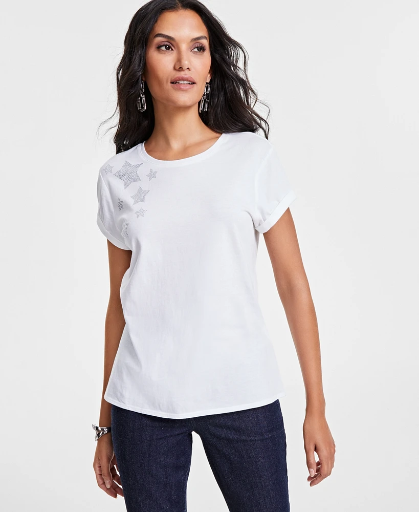 I.n.c. International Concepts Women's Cotton Embellished-Star Tee, Created for Macy's