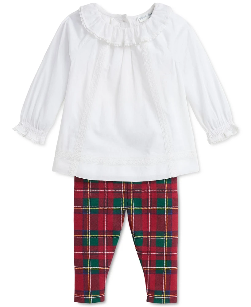 Polo Ralph Lauren Baby Lace-Trim Top & Plaid Leggings Set