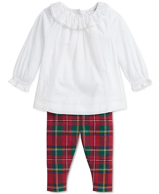 Polo Ralph Lauren Baby Lace-Trim Top & Plaid Leggings Set