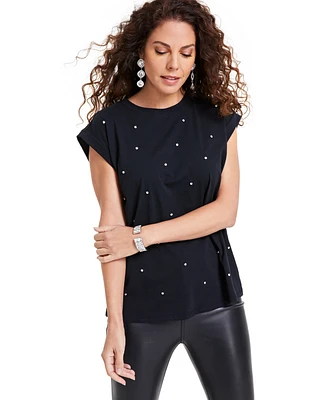 I.n.c. International Concepts Women's Embellished Rolled-Sleeve Top, Created for Macy's