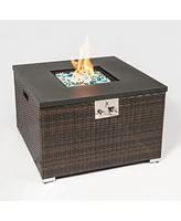 Streamdale Furniture Outdoor Gas Fire Pit Square Dark Brown Wicker Fire Pit Table Propane Fire Table With Glass