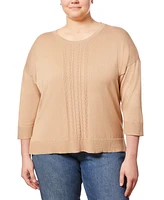 Melissa Paige Plus Cable-Knit Dropped-Shoulder 3/4-Sleeve Sweater