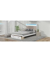 Streamdale Furniture Wood Full Size Platform Bed with Upholstered Headboard and Led and 2 Drawers, Antique White