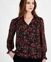 Anne Klein Women's Printed V-Neck Long-Sleeve Smocked-Cuff Top