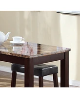 3-Piece Counter Height Glossy Print Marble Breakfast Table with Stools, Espresso
