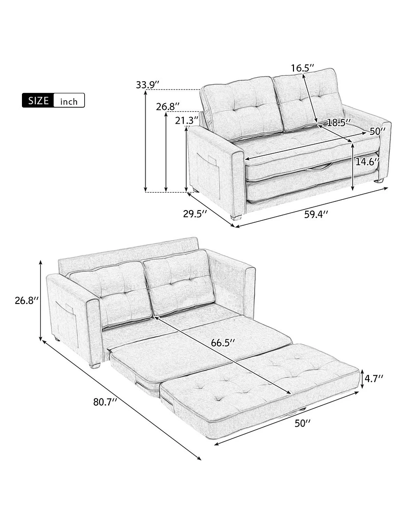 Streamdale Furniture Modern Green Loveseat Sofa with Pull-Out Bed & Side Pocket