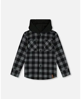 Deux par Toddler Boys Polar Fleece Shirt With Hood Black Plaid - Toddler|Child