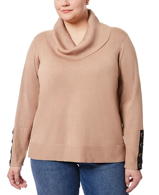 Melissa Paige Plus Contrast-Cuff Cowlneck Sweater