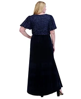 Eliza J Plus V-Neck Mixed-Media Sequin Velvet Gown