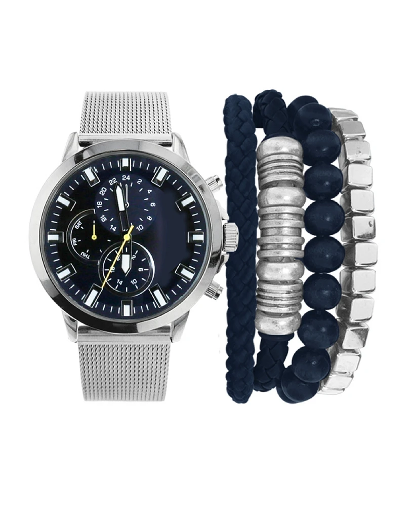 American Exchange Men's Silver Mesh Band Analog Watch 45mm with Stackable Bracelets Gift Set