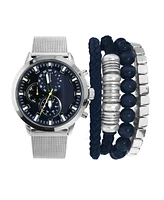 American Exchange Men's Silver Mesh Band Analog Watch 45mm with Stackable Bracelets Gift Set