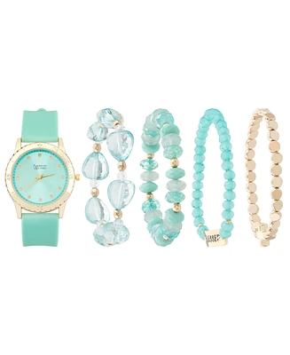 American Exchange Women's Matte Teal Silicone Strap Analog Watch 38mm with Stackable Bracelets Gift Set