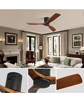 Sofucor 52" Low Profile Ceiling Fan, No Light, 3 Carved Wood Blades, Dc Motor