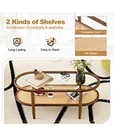 2-Tier Coffee Table Tempered Glass Top with Pe Rattan Shelf & Acacia Wood Frame