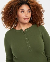 On 34th Plus Ribbed Long-Sleeve Henley Top, Created for Macy's