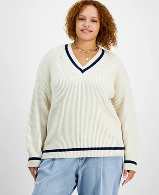 On 34th Trendy Plus V-Neck Tipped Sweater, Created for Macy's