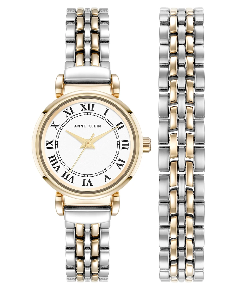 Anne Klein Women's Quartz Roman Numeral Two-Tone Alloy Metal Bracelet Watch Set, 24mm - Silver-Tone/Gold