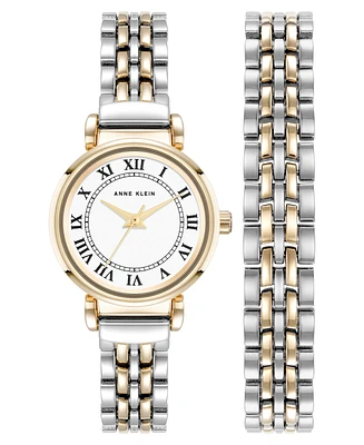 Anne Klein Women's Quartz Roman Numeral Two-Tone Alloy Metal Bracelet Watch Set, 24mm - Silver-Tone/Gold