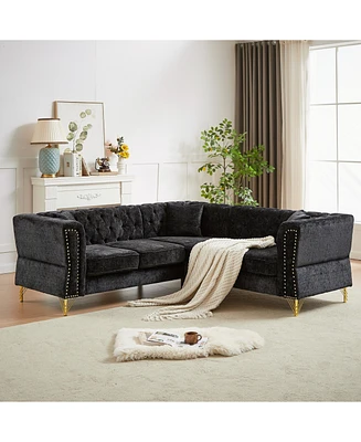 L-Shaped Sectional Sofa with Chenille Fabric and Copper Nailhead Trim