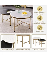 Streamdale Furniture Modern Round Nesting Coffee Table Set, Black & White Sintered Stone Top, Gold Base