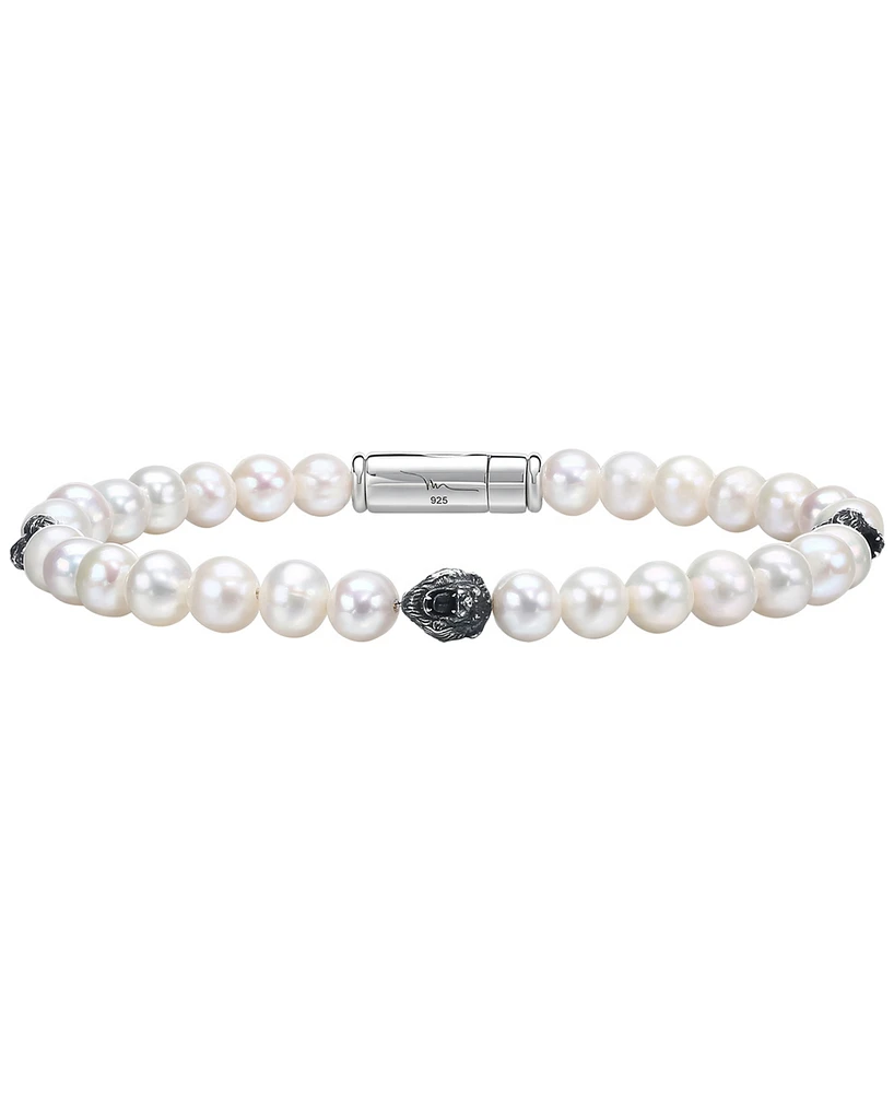 Bulova Marc Anthony Men's Freshwater Pearl & Lion Beaded Bracelet in Sterling Silver-Plate, BVB1161-wswprl