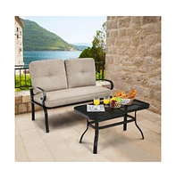 Sugift 2 Pieces Patio Loveseat Bench Table Furniture Set with Cushioned Chair