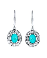 Bling Jewelry Floral Scroll Milgrain Blue Natural Turquoise Dome Oval Dangle Drops Earrings For Women Lever Back Oxidized Sterling Silver