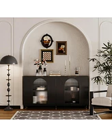 Streamdale Furniture Black Lacquered Wooden Accent Cabinet with Glass Doors, 4-Door Storage Buffet