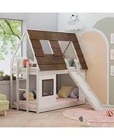 Streamdale Furniture Cozy and Fun Wood Twin Size House Bunk Bed with Window Roof Shape Design with Ladder and Climbing Ramp, Brown+White(Same Sku:W171