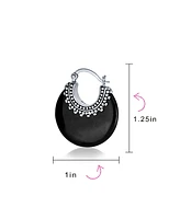 Bling Jewelry Black Natural Onyx Round Half Crescent Hoop Earrings For Women Oxidized Milgrain Caviar Bead Sterling Silver